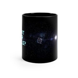 11oz Black Mug | Spaceship Leaving Earth With Original Blue Title